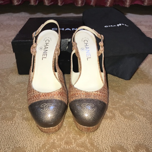 CHANEL Shoes - Chanel slingback platform heels tweed design